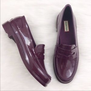 Hunter Rain Penny Loafers Glossy Finish Purple Size 8